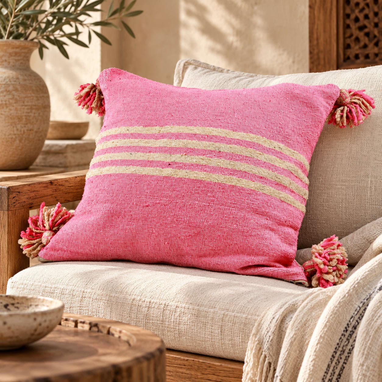 Coussin du Moyen Atlas – Rose tissé à bandes écrues — vue 1