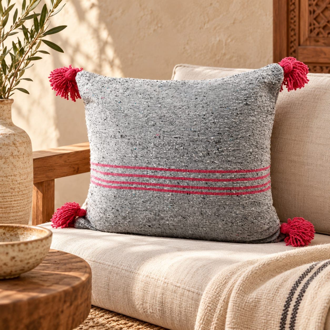 Coussin du Moyen Atlas – Gris perle à fines lignes roses — vue 1