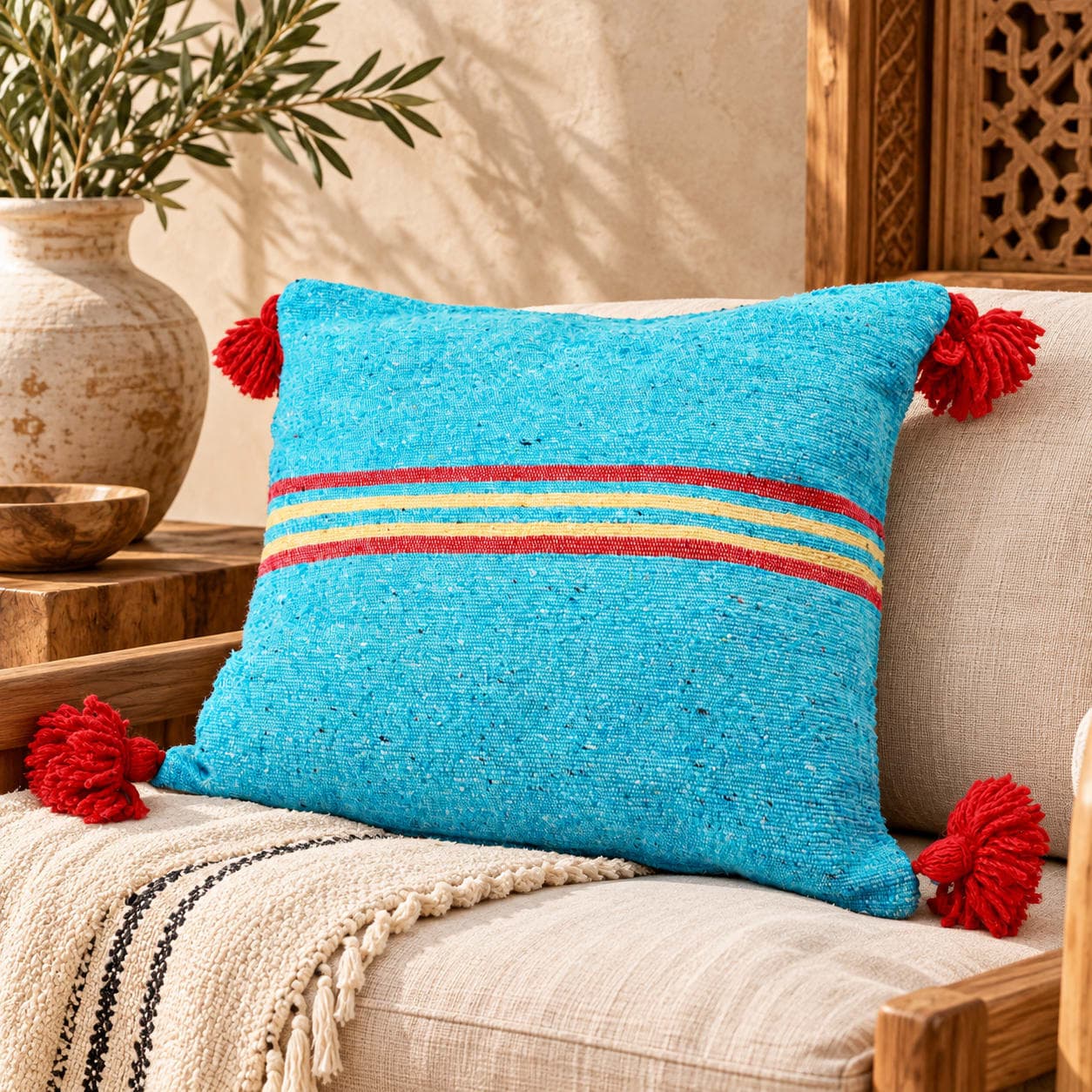 Coussin du Moyen Atlas – Bleu turquoise à pompons rouges — vue 1