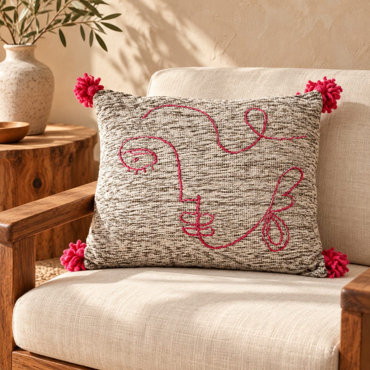 Coussin du Moyen Atlas – Visage abstrait brodé — vue 1
