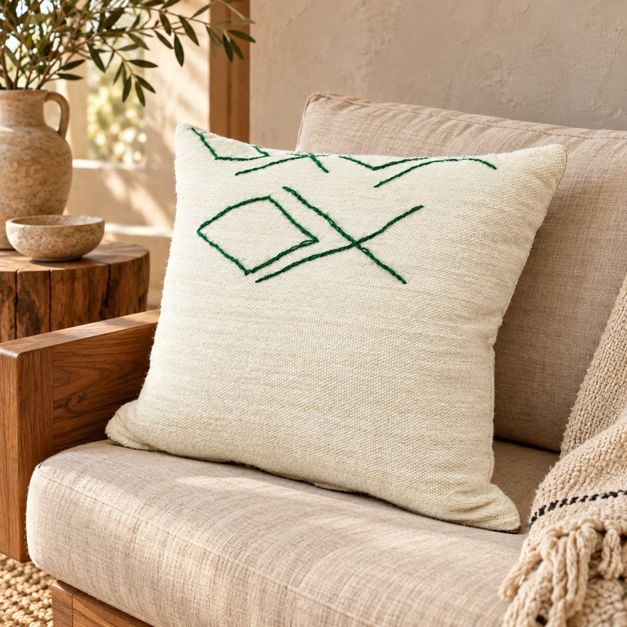 Coussin du Moyen Atlas – Ligne verte abstraite — vue 1
