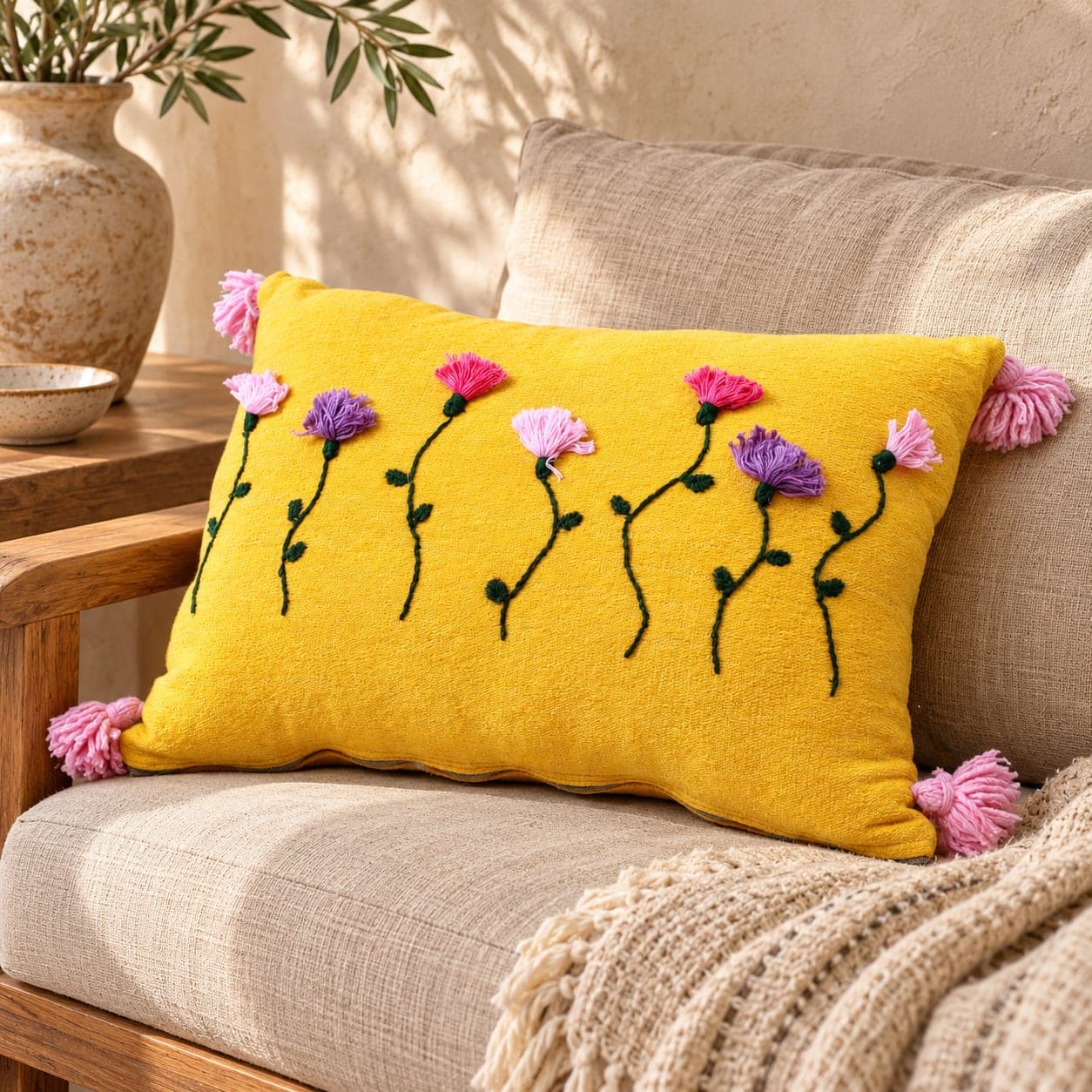 Coussin du Moyen Atlas – Jardin jaune brodé — vue 1