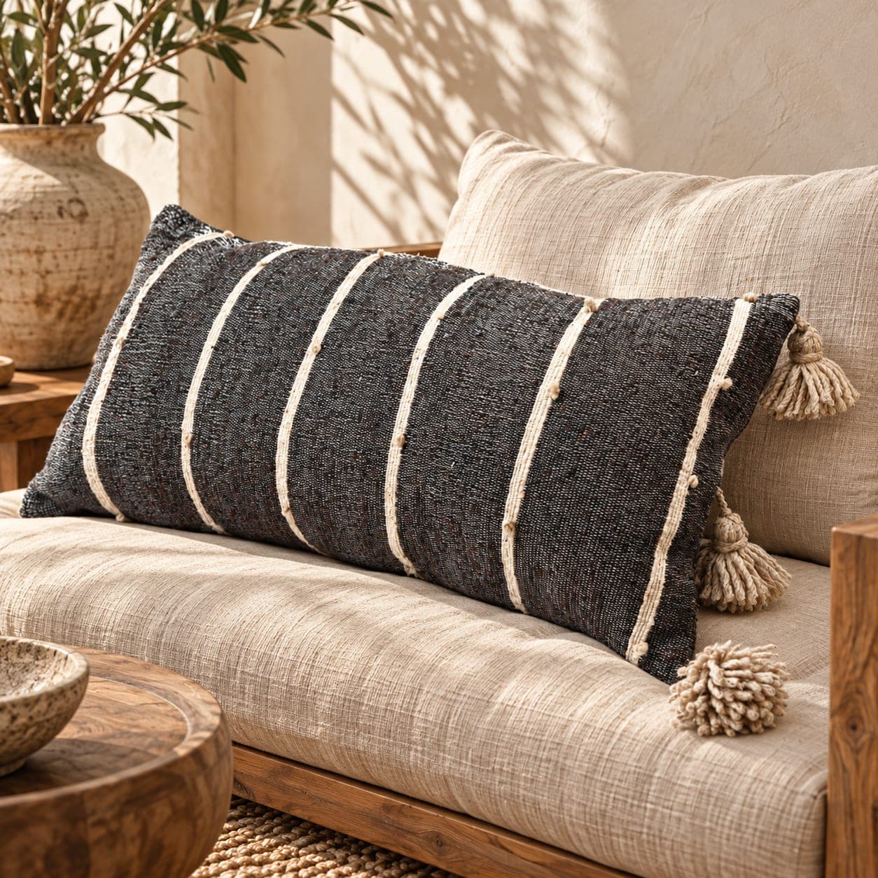 Coussin du Moyen Atlas – Anthracite rayé à pompons — vue 1