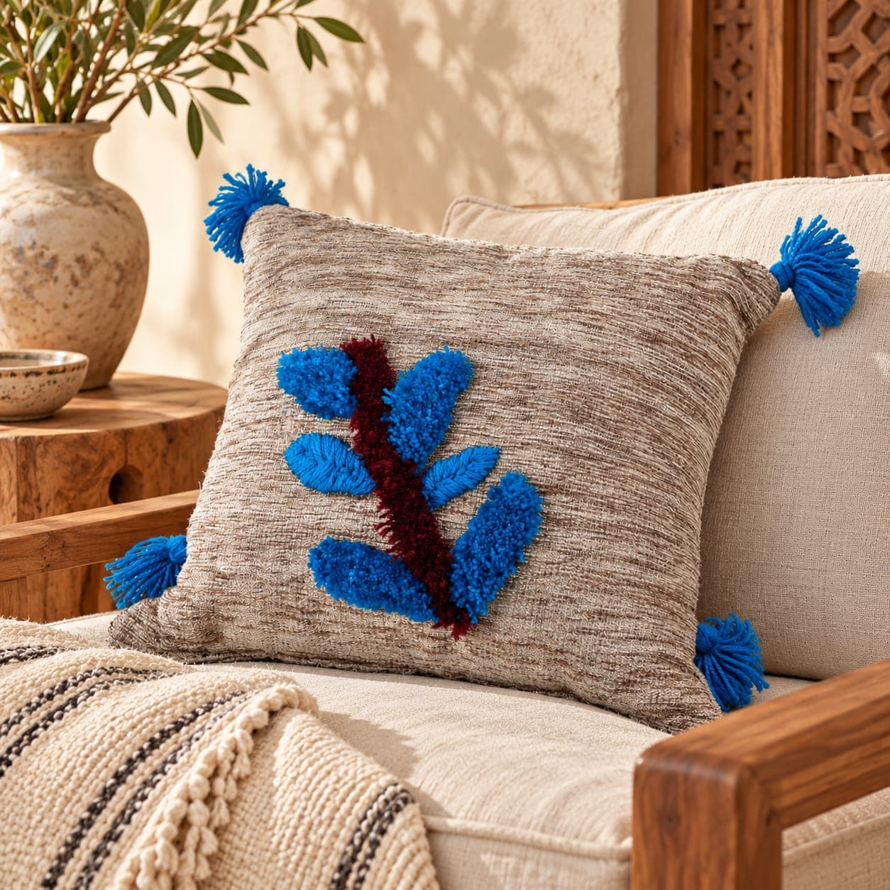 Coussin du Moyen Atlas – Fleur bleue en relief — vue 1