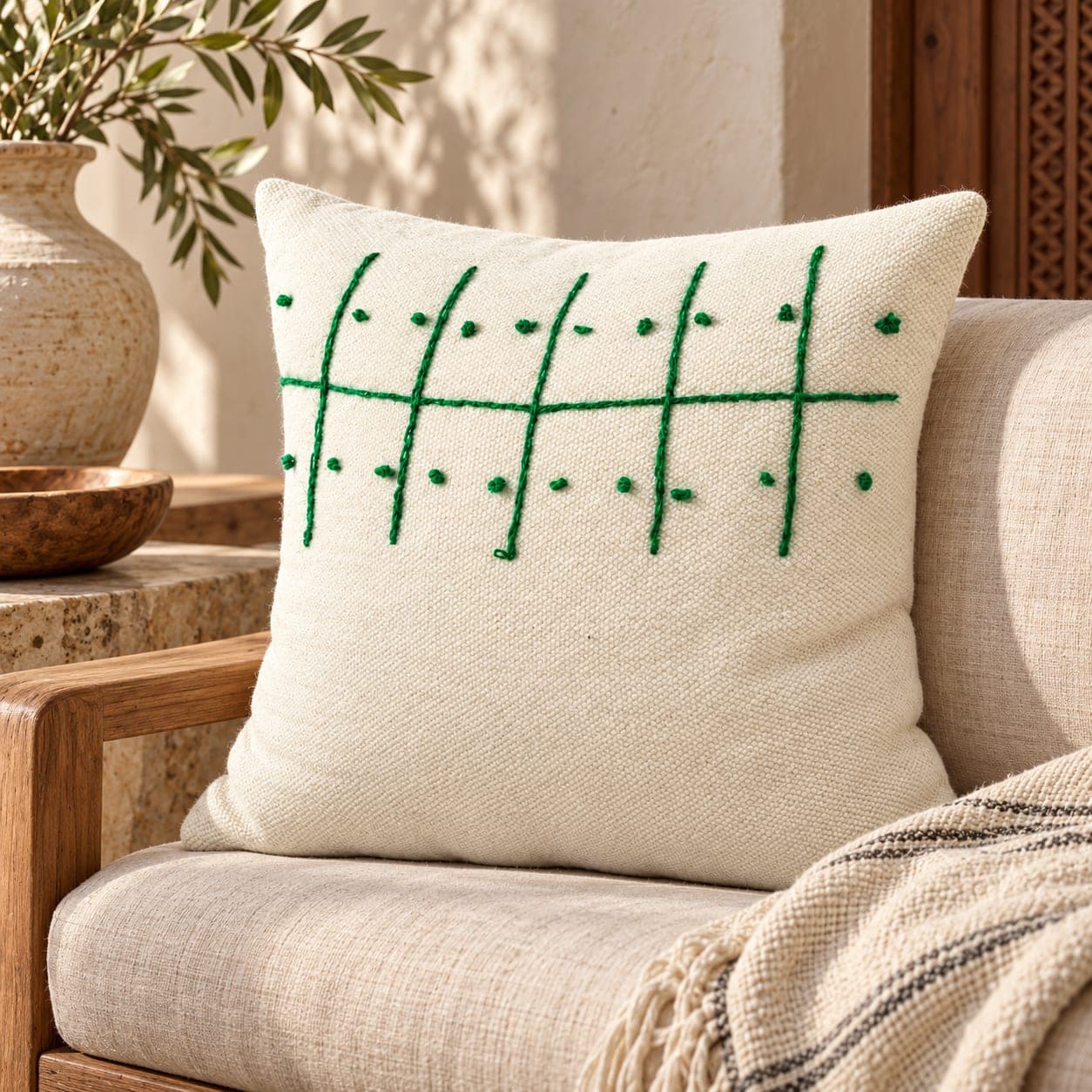 Coussin du Moyen Atlas – Quadrillage vert brodé — vue 1