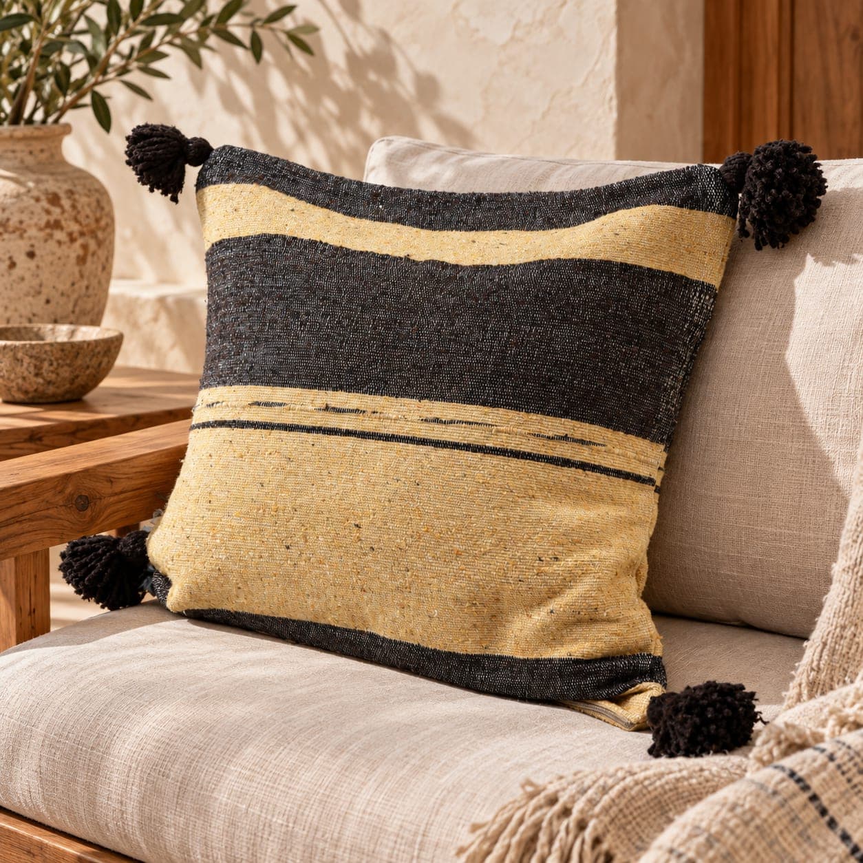 Coussin du Moyen Atlas – Sable & anthracite à pompons noirs — vue 1