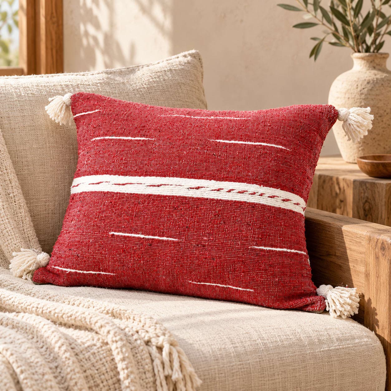 Coussin du Moyen Atlas – Rouge tissé à lignes blanches — vue 1