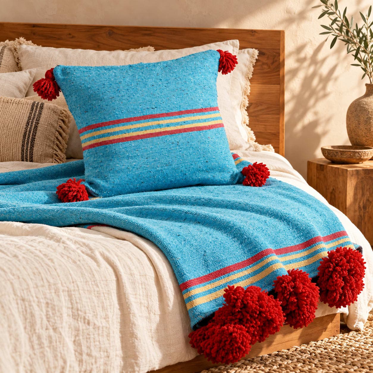Ensemble plaid & coussin du Moyen Atlas – Bleu turquoise & pompons rouges — vue 1