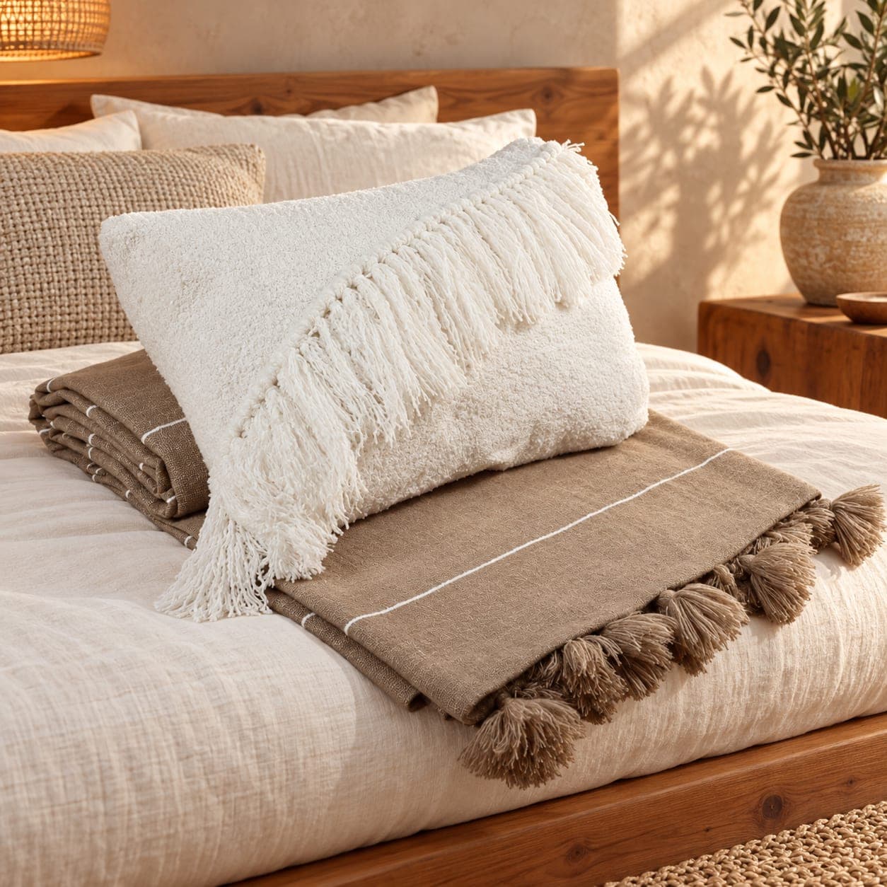 Ensemble plaid & coussin du Moyen Atlas – Taupe naturel & franges ivoire — vue 1