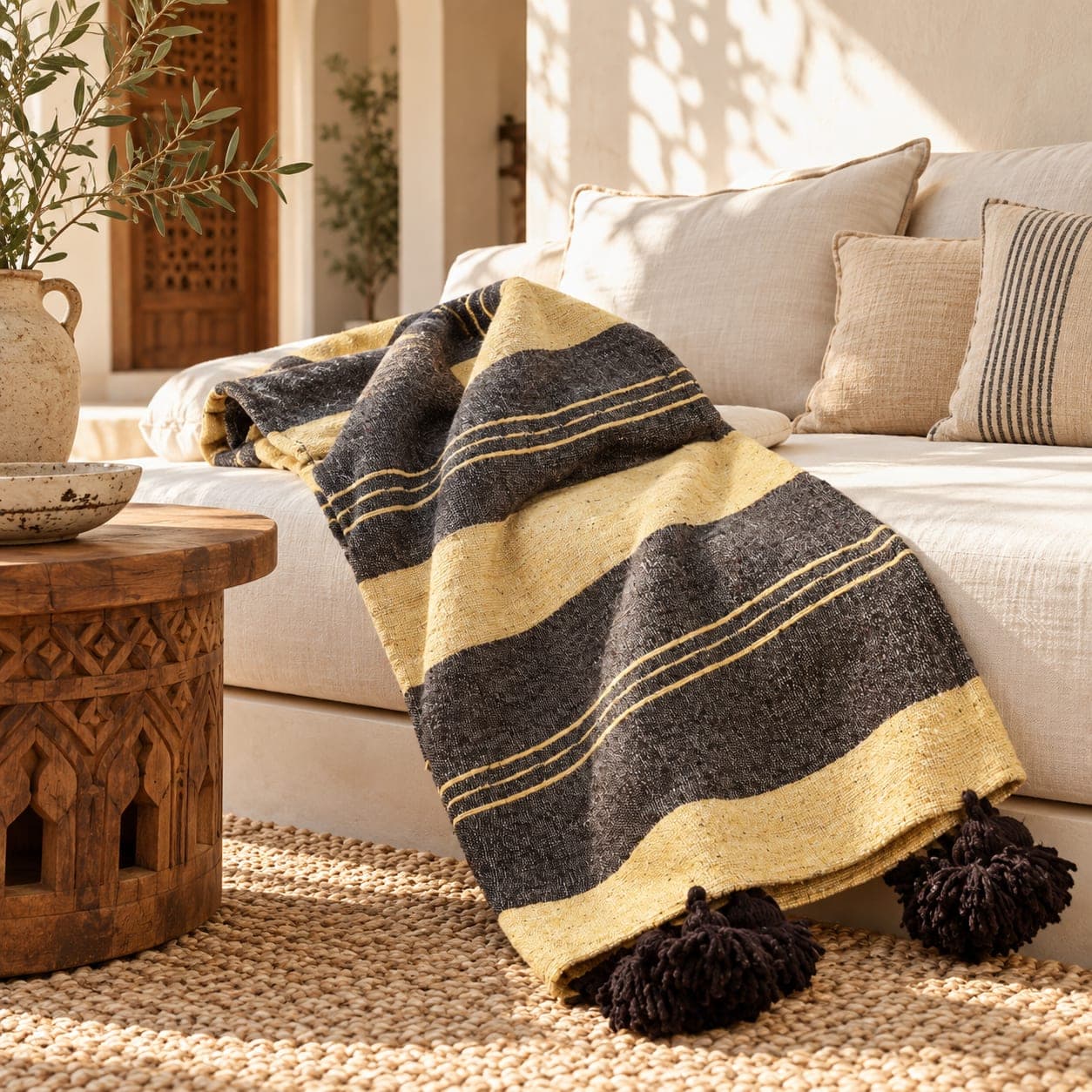 Plaid du Moyen Atlas – Anthracite & sable à pompons noirs — vue 1