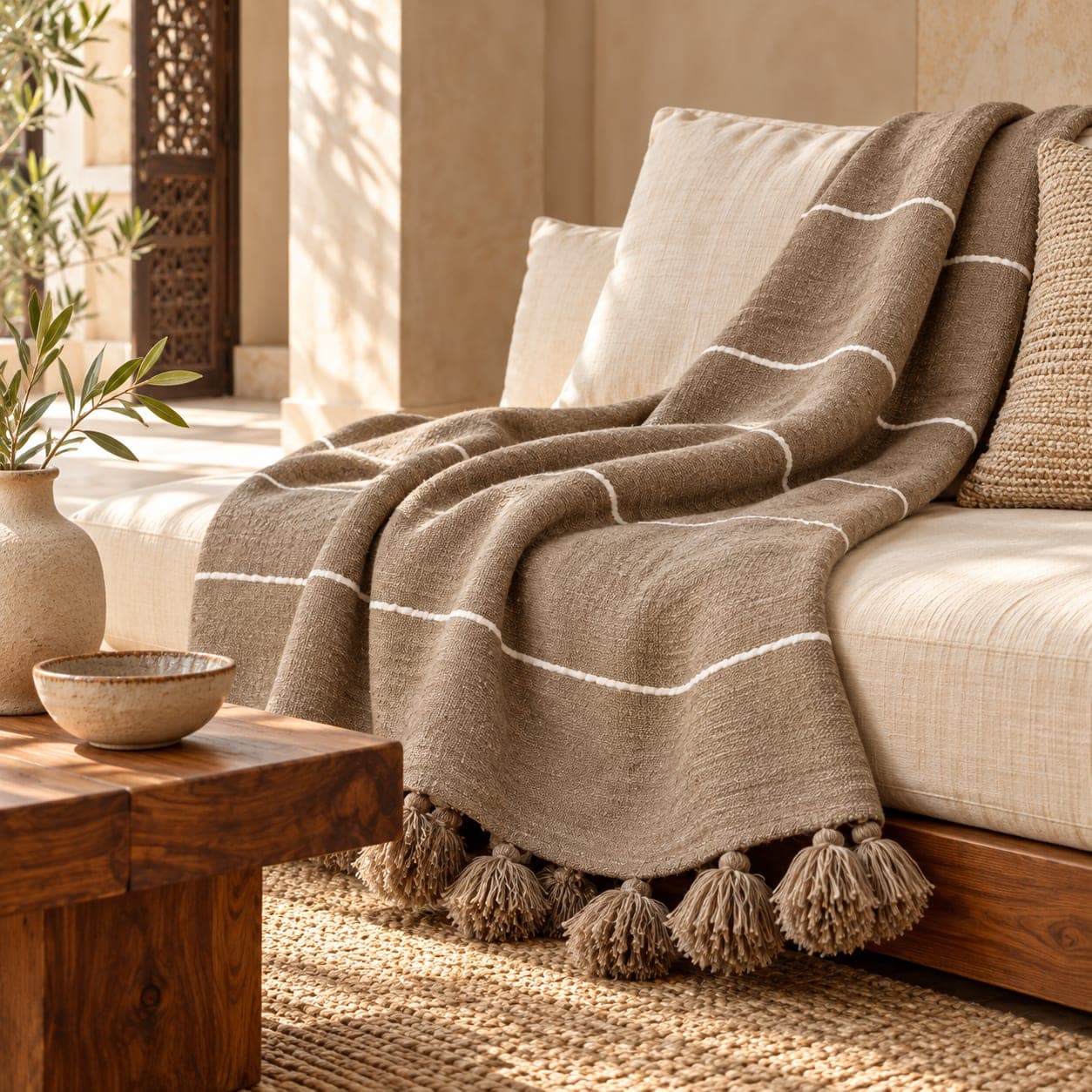 Plaid du Moyen Atlas – Taupe naturel à lignes blanches — vue 1