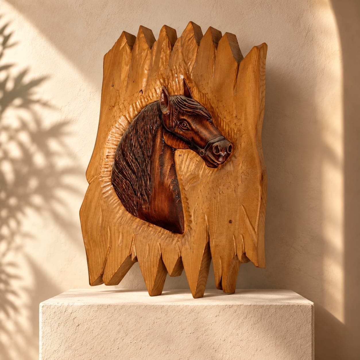 Panneau cheval Cèdre d’Azrou – Relief équestre sur fond clair sculpté — vue 1