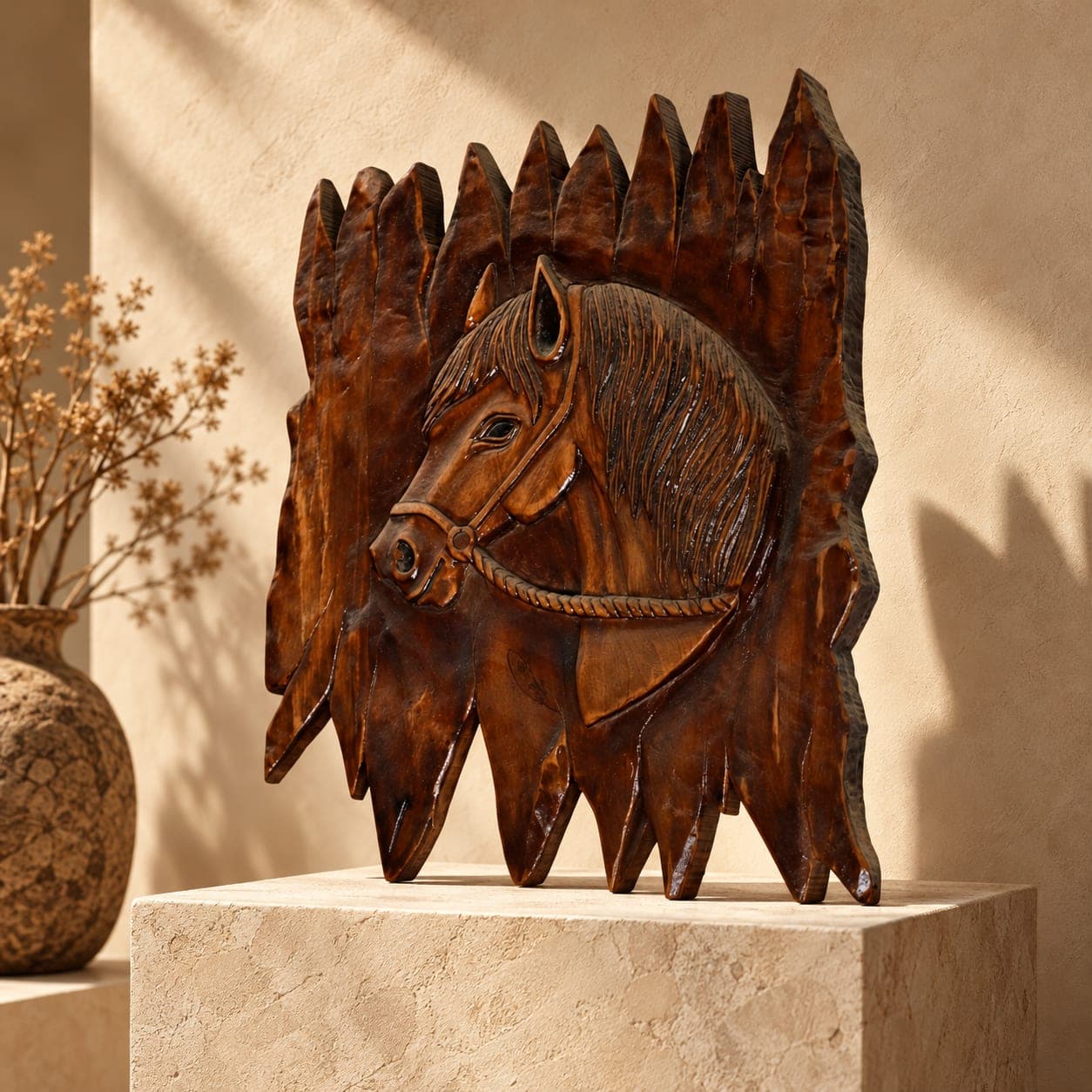 Panneau cheval Cèdre d’Azrou – Relief équestre finition foncée — vue 1