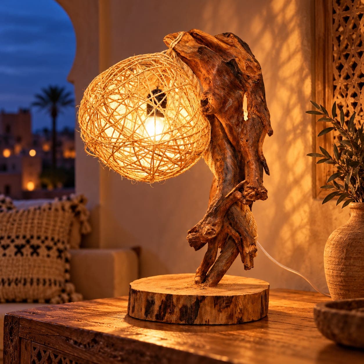 Lampe racine Cèdre d’El Hajeb – Globe végétal et pied organique — vue 1