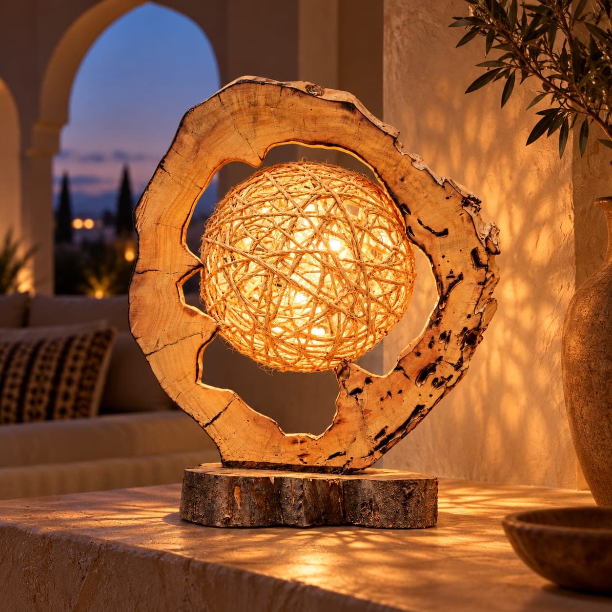 Lampe anneau & globe Cèdre d’El Hajeb – Lumière tressée au cœur du bois — vue 1