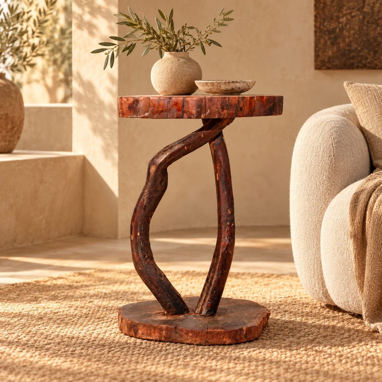Guéridon racine Cèdre d’El Hajeb – Plateau circulaire et pied sculptural — vue 1