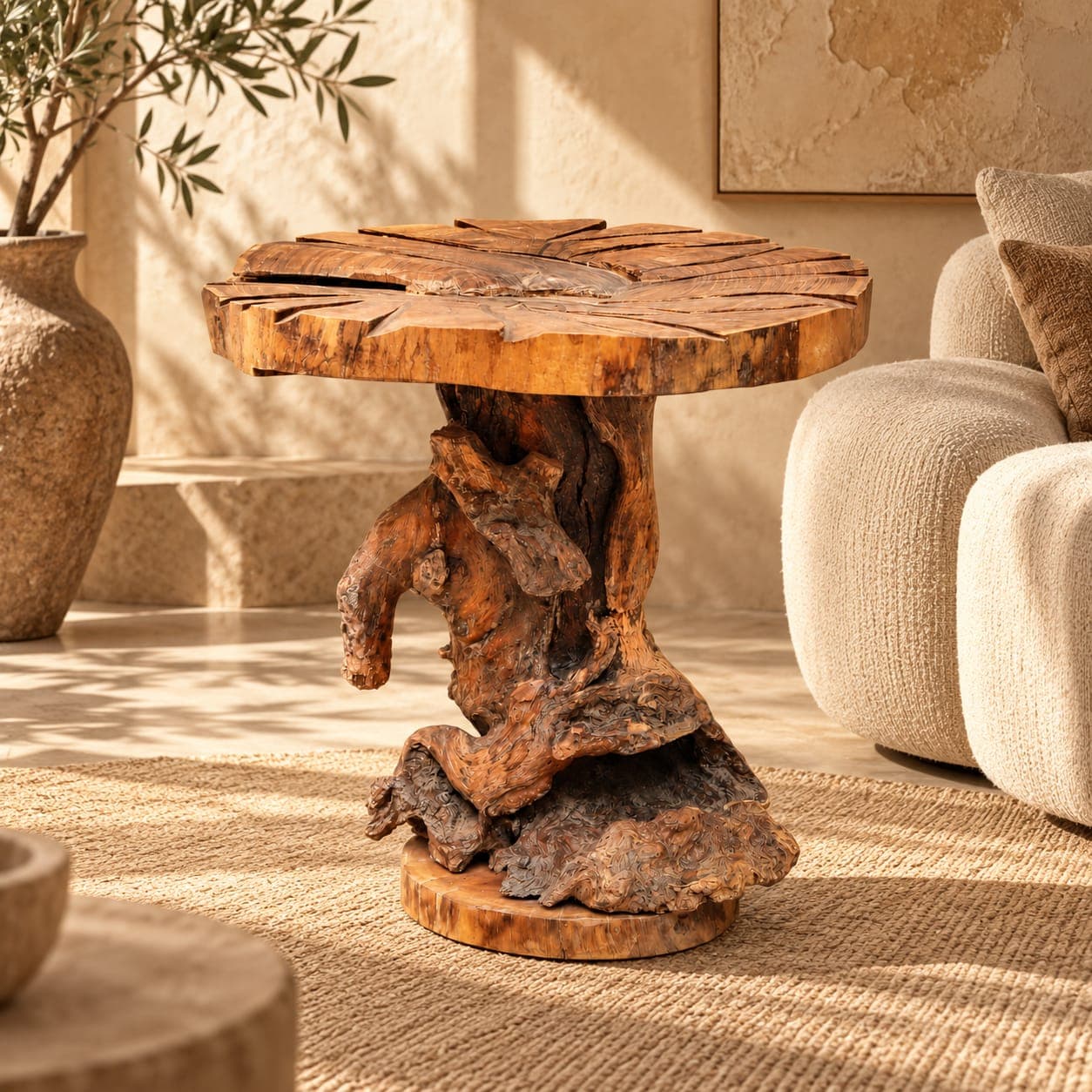 Table racine Cèdre d’El Hajeb – Socle sculptural et plateau géométrique — vue 1