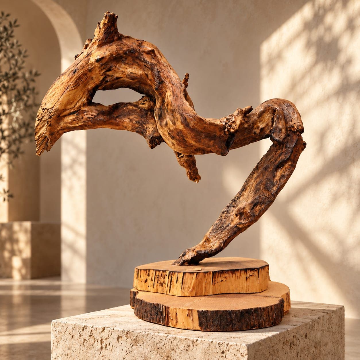 Sculpture racine Cèdre d’El Hajeb – Mouvement organique sur socle — vue 1