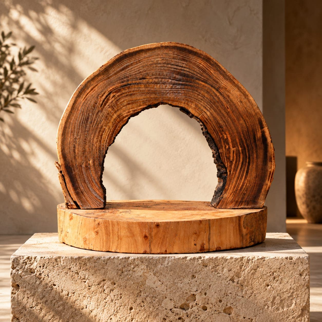 Arche décorative Cèdre d’El Hajeb – Cernes apparents et socle naturel — vue 1
