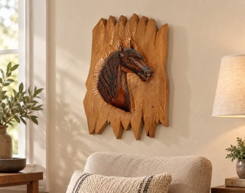 Panneau cheval Cèdre d’Azrou – Relief équestre sur fond clair sculpté — vue III