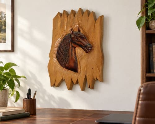 Panneau cheval Cèdre d’Azrou – Relief équestre sur fond clair sculpté — vue IV