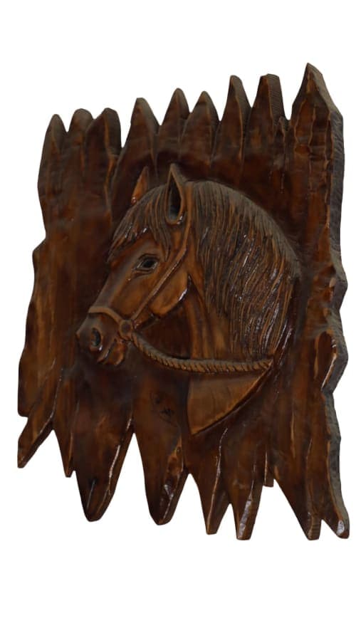 Panneau cheval Cèdre d’Azrou – Relief équestre finition foncée — vue I