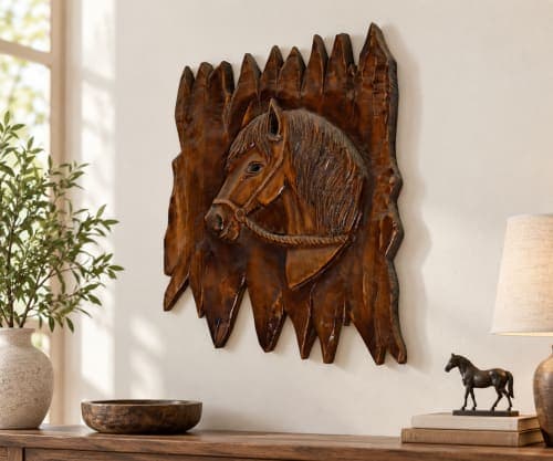 Panneau cheval Cèdre d’Azrou – Relief équestre finition foncée — vue II