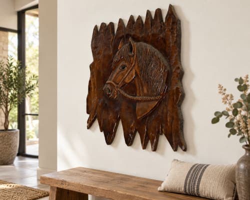 Panneau cheval Cèdre d’Azrou – Relief équestre finition foncée — vue IV