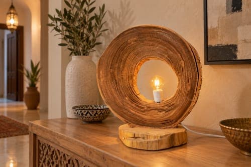 Lampe anneau Cèdre d’El Hajeb – Cercle évidé et lumière centrale — vue II