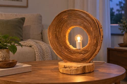Lampe anneau Cèdre d’El Hajeb – Cercle évidé et lumière centrale — vue III