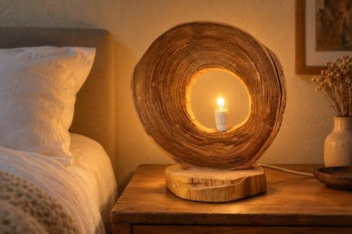 Lampe anneau Cèdre d’El Hajeb – Cercle évidé et lumière centrale — vue IV