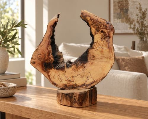 Sculpture croissant Cèdre d’El Hajeb – Demi-lune naturelle et traces brûlées — vue II