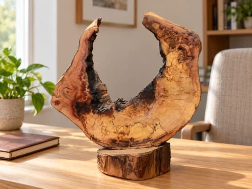 Sculpture croissant Cèdre d’El Hajeb – Demi-lune naturelle et traces brûlées — vue III
