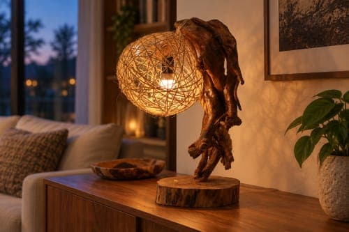 Lampe racine Cèdre d’El Hajeb – Globe végétal et pied organique — vue II