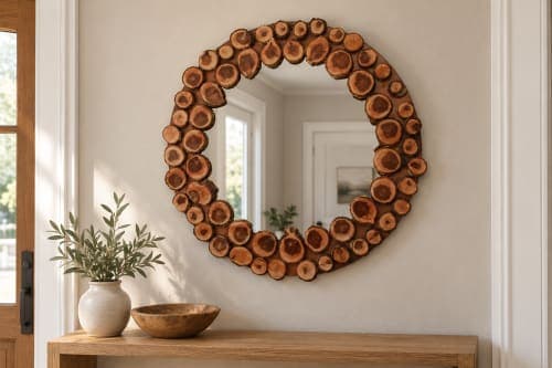 Miroir mural rondelles Cèdre d’El Hajeb – Couronne de coupes naturelles — vue II