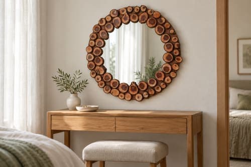 Miroir mural rondelles Cèdre d’El Hajeb – Couronne de coupes naturelles — vue III