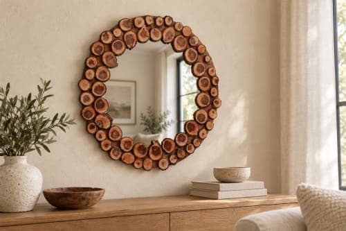 Miroir mural rondelles Cèdre d’El Hajeb – Couronne de coupes naturelles — vue IV