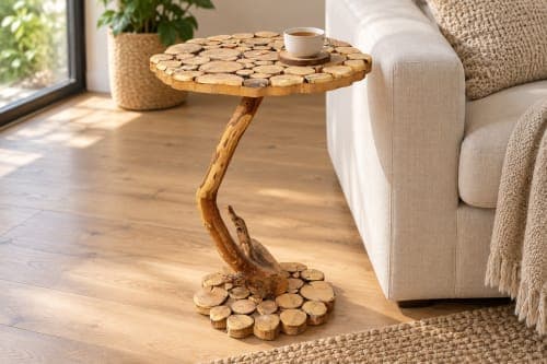 Table d’appoint mosaïque Cèdre d’El Hajeb – Plateau rondelles et pied racine — vue II
