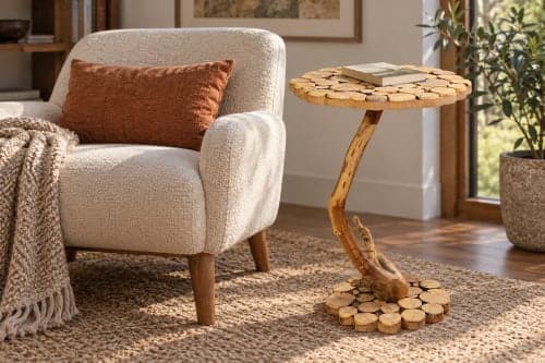 Table d’appoint mosaïque Cèdre d’El Hajeb – Plateau rondelles et pied racine — vue III