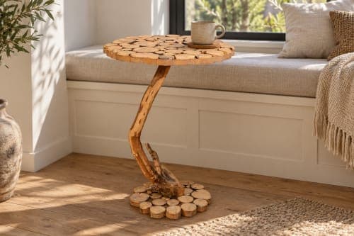 Table d’appoint mosaïque Cèdre d’El Hajeb – Plateau rondelles et pied racine — vue IV