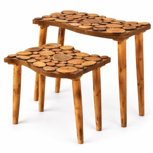 Duo de tables rondelles Cèdre d’El Hajeb – Plateaux graphiques et pieds simples — vue I
