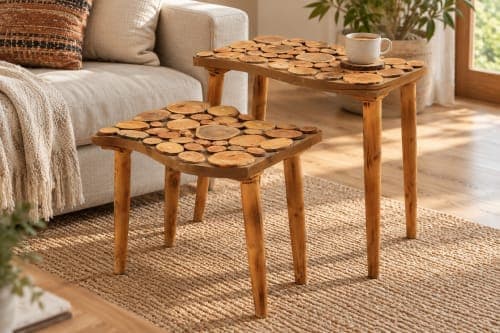 Duo de tables rondelles Cèdre d’El Hajeb – Plateaux graphiques et pieds simples — vue II