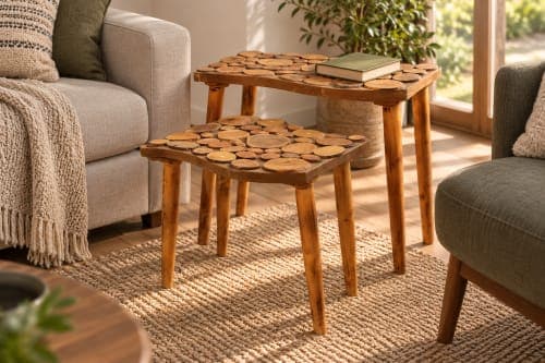 Duo de tables rondelles Cèdre d’El Hajeb – Plateaux graphiques et pieds simples — vue III