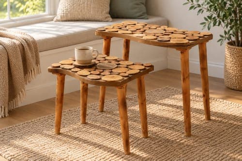 Duo de tables rondelles Cèdre d’El Hajeb – Plateaux graphiques et pieds simples — vue IV