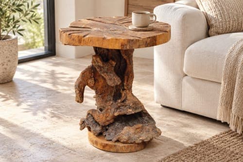 Table racine Cèdre d’El Hajeb – Socle sculptural et plateau géométrique — vue II