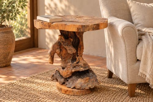 Table racine Cèdre d’El Hajeb – Socle sculptural et plateau géométrique — vue III