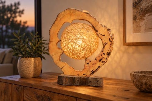 Lampe anneau & globe Cèdre d’El Hajeb – Lumière tressée au cœur du bois — vue II