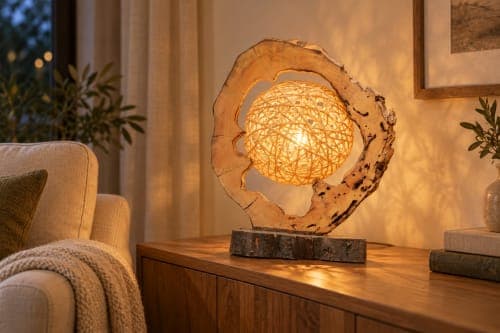 Lampe anneau & globe Cèdre d’El Hajeb – Lumière tressée au cœur du bois — vue III