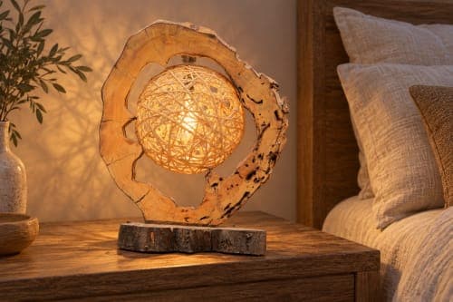Lampe anneau & globe Cèdre d’El Hajeb – Lumière tressée au cœur du bois — vue IV