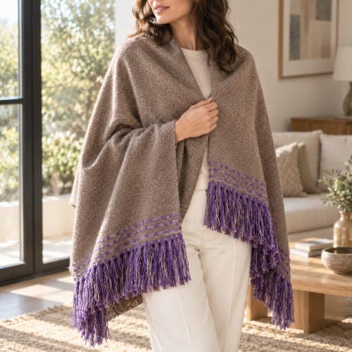 Cape-châle du Moyen Atlas – Taupe minéral & franges violettes — vue II